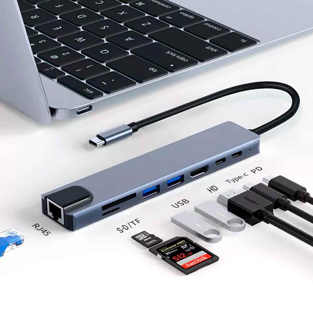 Imagen 1 del producto Adaptador 8 en 1 conector USB C con puertos HDMI 4K/Lan RJ45/2xUSB 3.0/PD/USB C/SD/TF