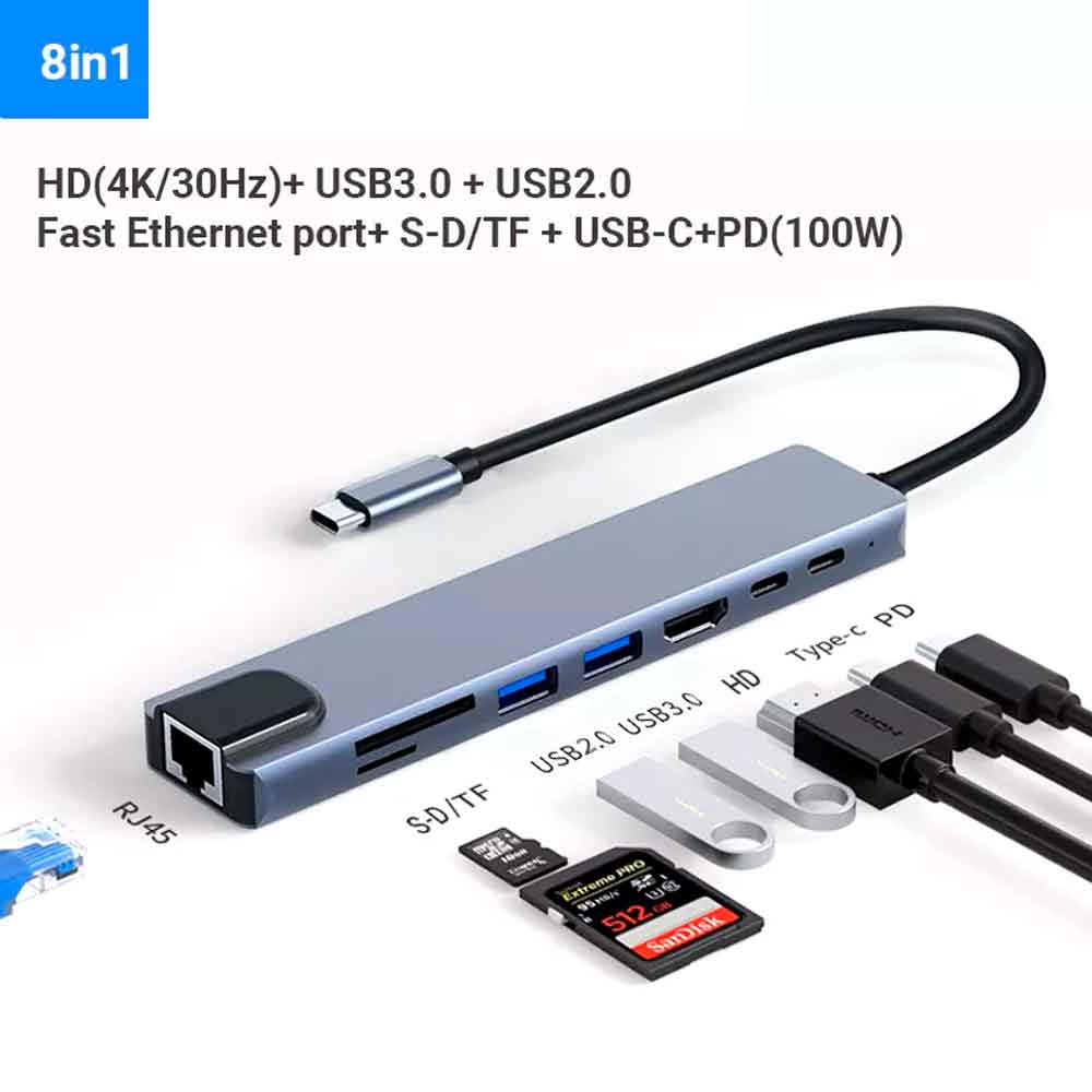 Imagen 2 del producto Adaptador 8 en 1 conector USB C con puertos HDMI 4K/Lan RJ45/2xUSB 3.0/PD/USB C/SD/TF