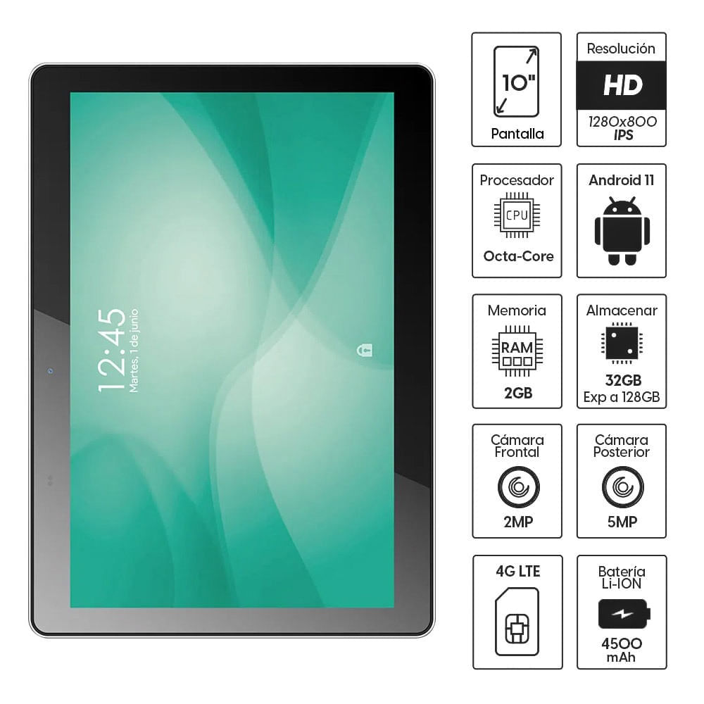 Imagen 2 del producto Reacondicionado: Tablet MLogix 10"" IPS con chip 3G/4G LTE, 32GB, 2GB RAM, cámara principal 5MP y frontal 2MP, Octa-Core, 4500mAh, negro