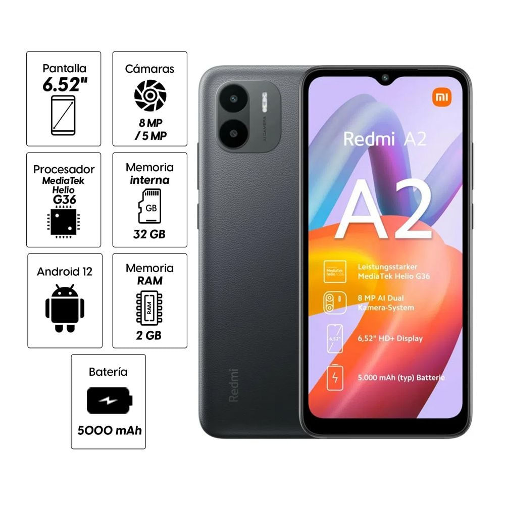 Imagen 2 del producto Reacondicionado: Celular Xiaomi Redmi A2 32GB, 2GB RAM, cámara trasera 8MP y frontal 5MP, 6.52"", negro