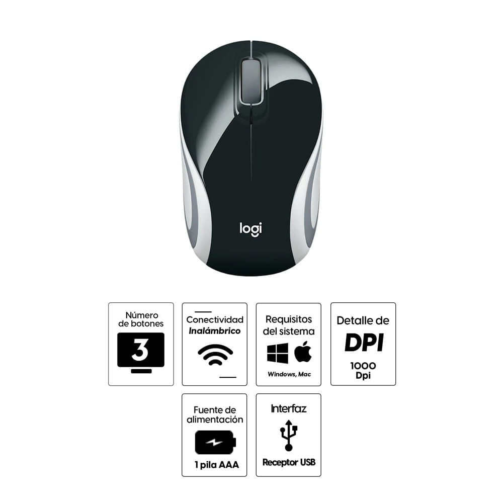 Imagen 2 del producto Mouse mini inalámbrico Logitech M187 receptor usb, 1000 dpi, 3 botones, usa pila, negro (reempacado)