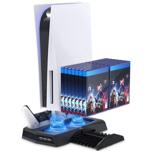Base 4 en 1 para PS5, Ventilador, Cargador de Mandos, Portajuegos