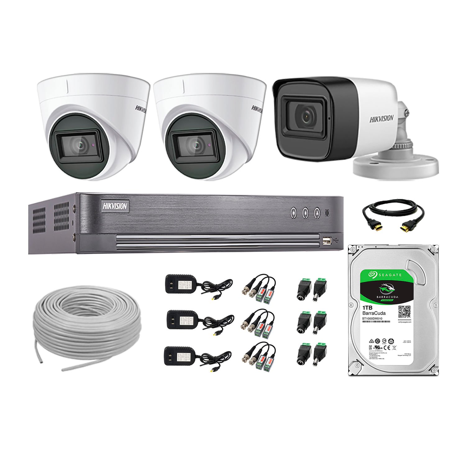 Cámaras Seguridad Kit 3 Hikvision 5Mp - 01 cámara Audio Incorporado + Disco Duro 1Tb