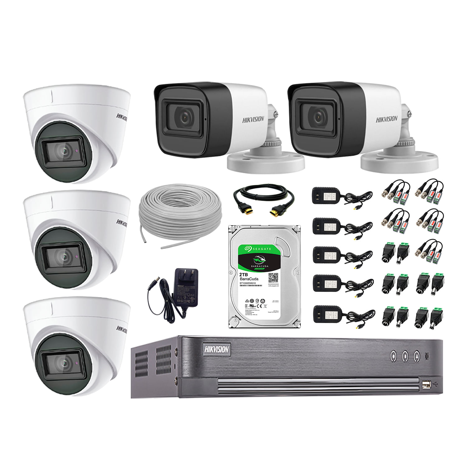 Cámaras Seguridad Kit 5 Hikvision 5Mp - 02 Camaras Audio Incorporado + Disco Duro 2Tb