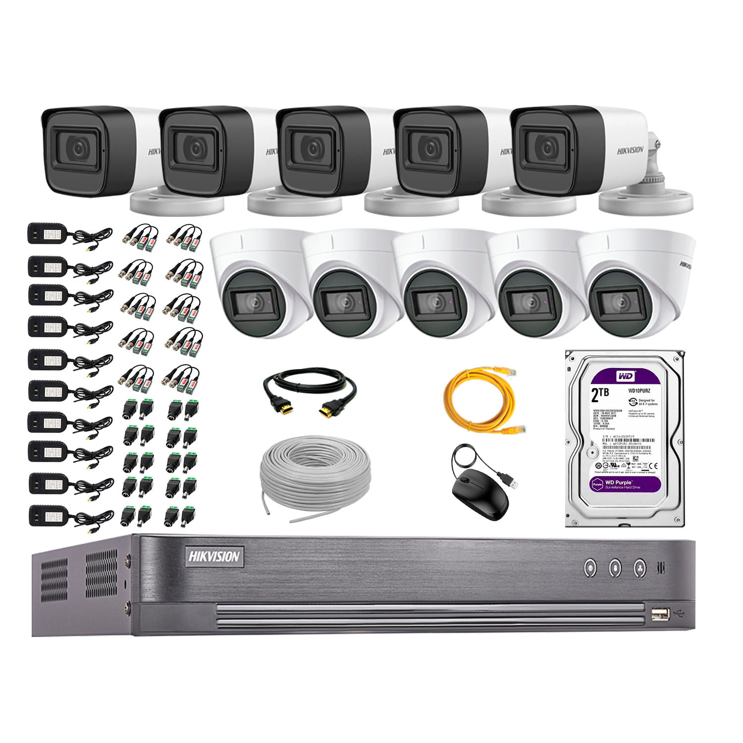 Cámaras Seguridad Kit 10 Hikvision 5Mp - 05 Camaras Audio Incorporado + Disco Duro 2Tb