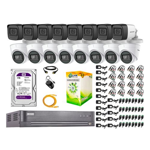 Cámaras Seguridad Kit 16 Hikvision 5Mp - 06 Cámaras Audio Incorporado + Disco Duro 1TB