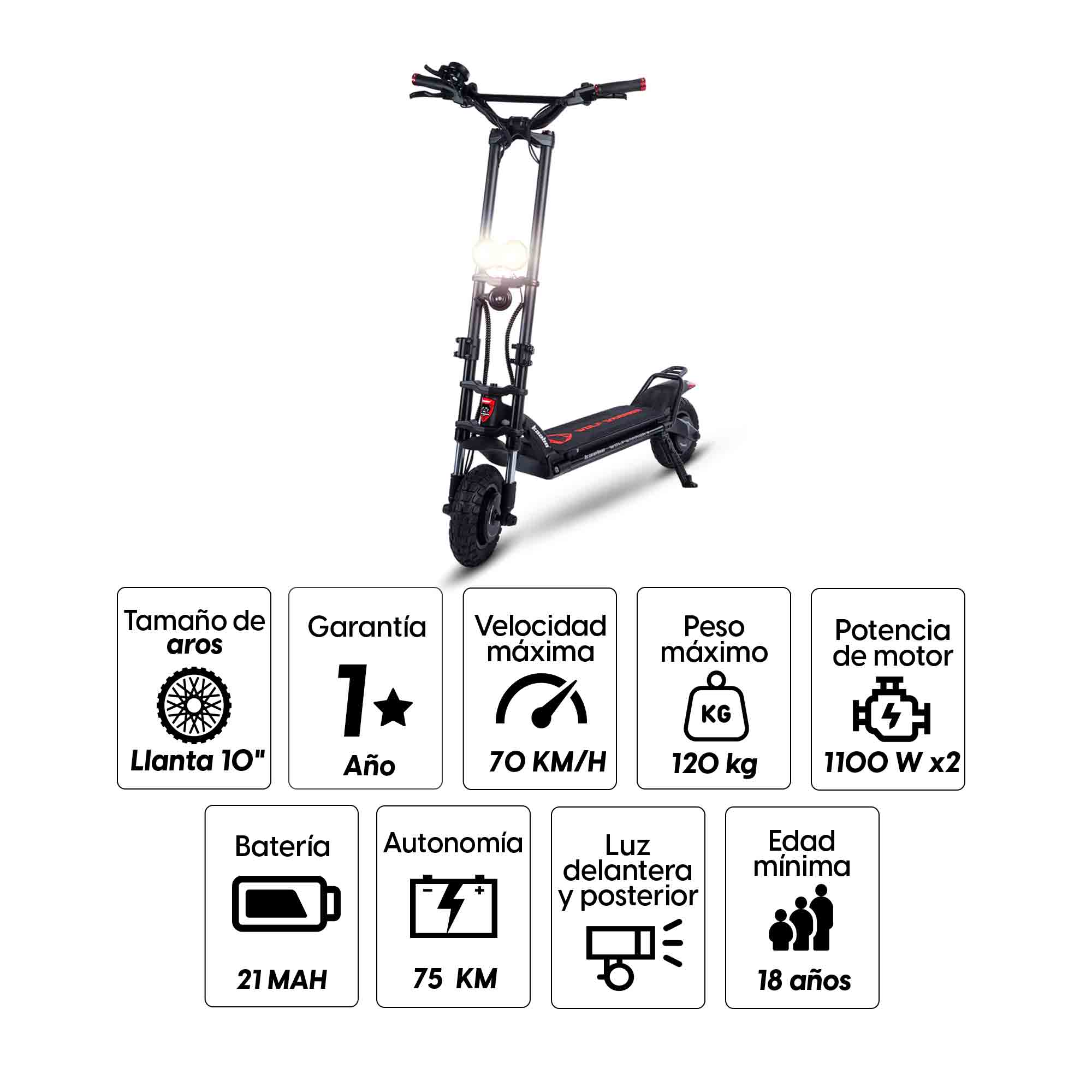 Imagen 2 del producto Scooter eléctrico Kaabo Wolf Warrior X Plus 10"", autonomía hasta 75 km, vel. 70 km/h, 1100w x2, carga de 11 horas