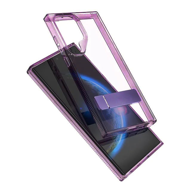 Case para Samsung Galaxy S23 Ultra con soporte morado, amortiguador de choques, transparente