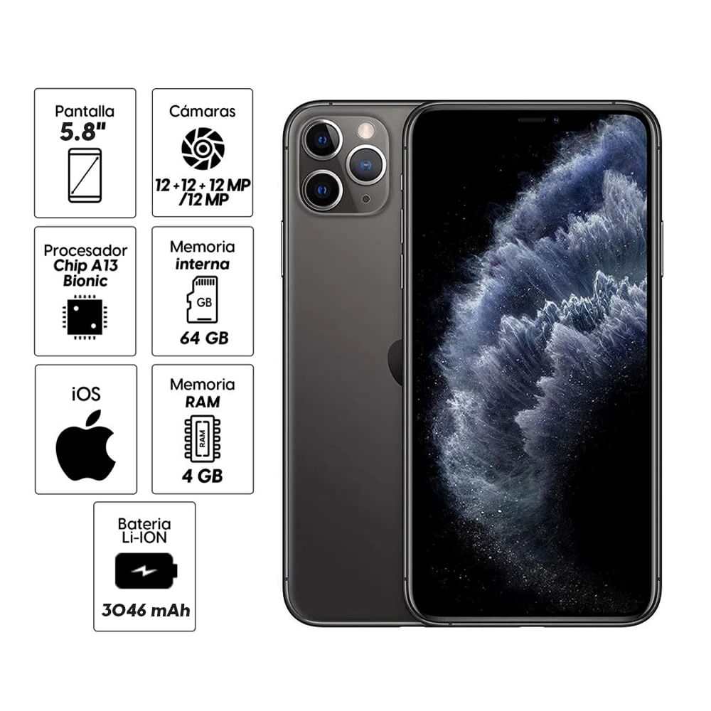 Imagen 2 del producto Acondicionado: iPhone 11 Pro 64 GB, 4GB RAM, cámara trasera 12MP y frontal 12MP, 5.8"", negro