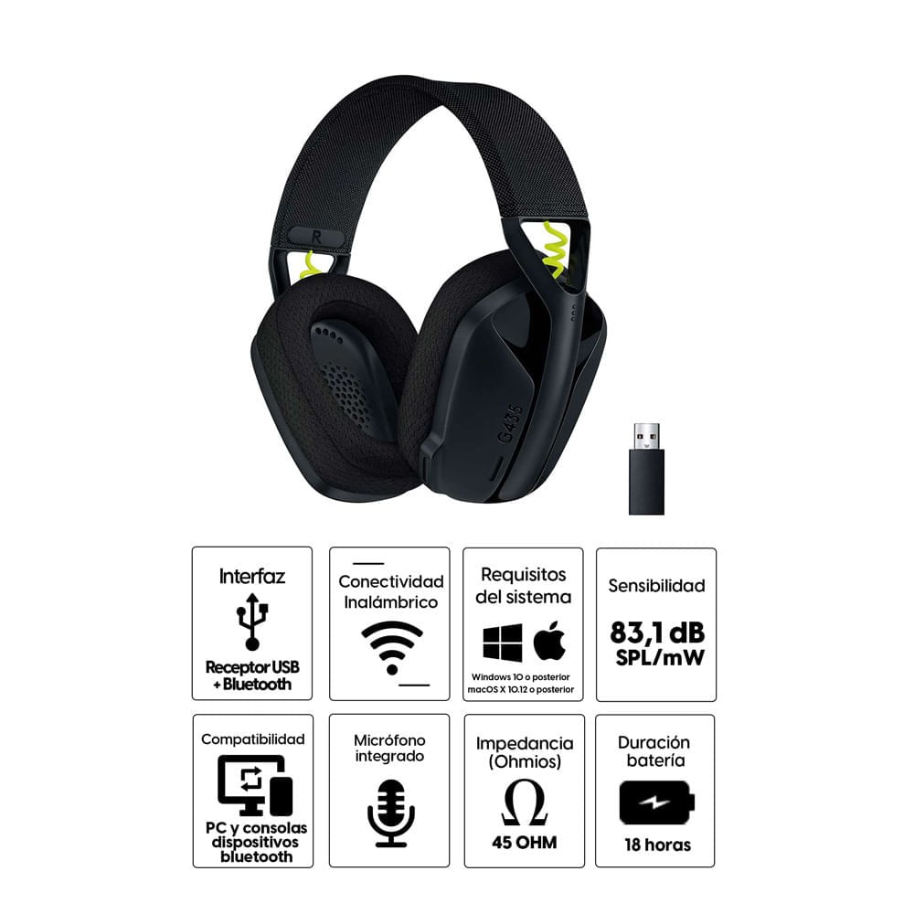 Imagen 2 del producto Audífonos gamer Logitech G435 Lightspeed, conexión bluetooth y USB, 45 ohm, sensibilidad 83.1 dB, PC y consolas, negro