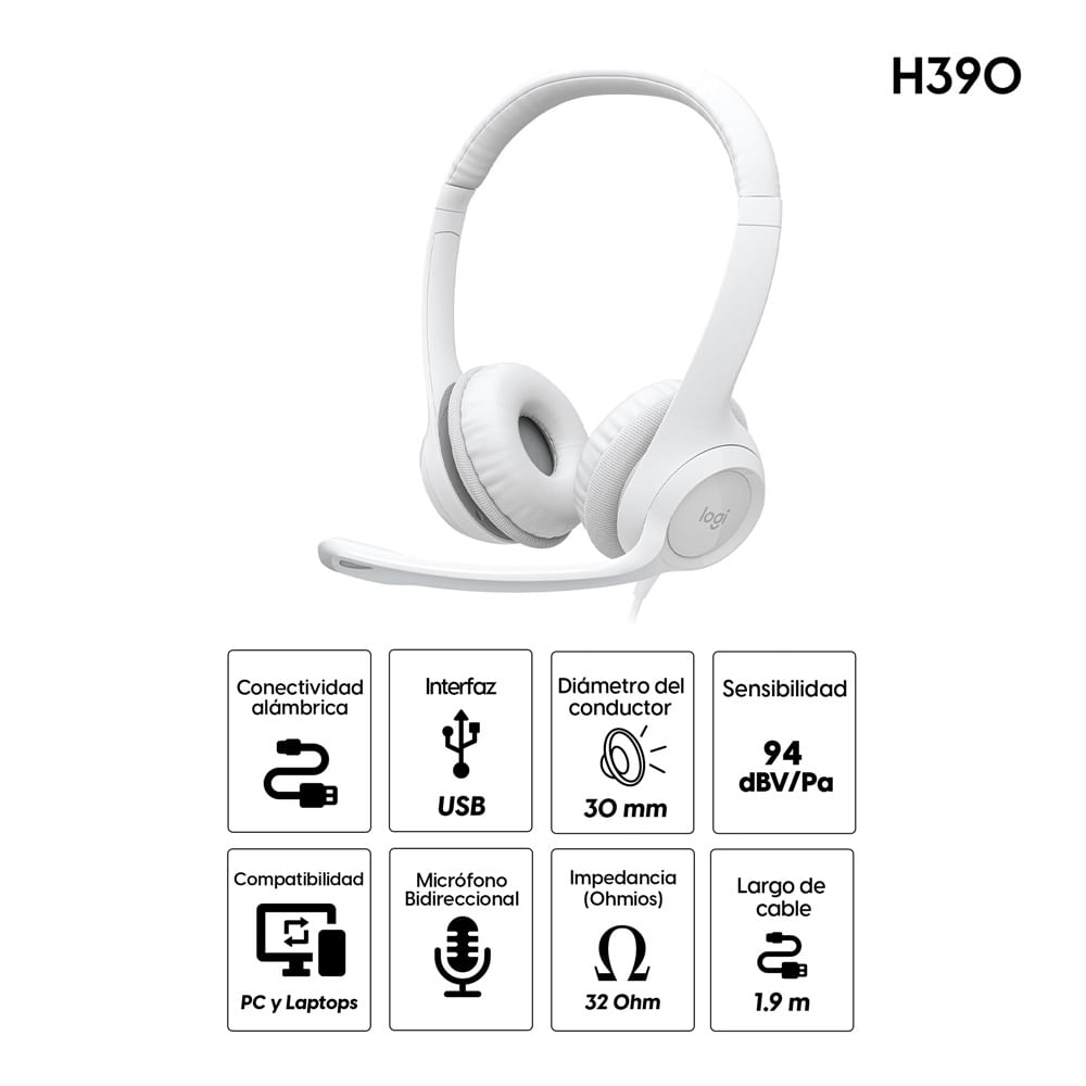 Imagen 2 del producto Audífonos alámbrico Logitech H390 con micrófono, conexión usb, control de volumen, cable 1.9m, blanco