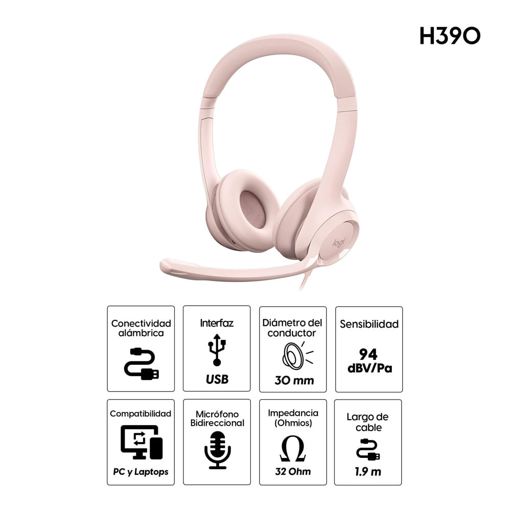 Imagen 2 del producto Audífonos alámbrico Logitech H390 con micrófono, conexión usb, control de volumen, cable 1.9m, rosado