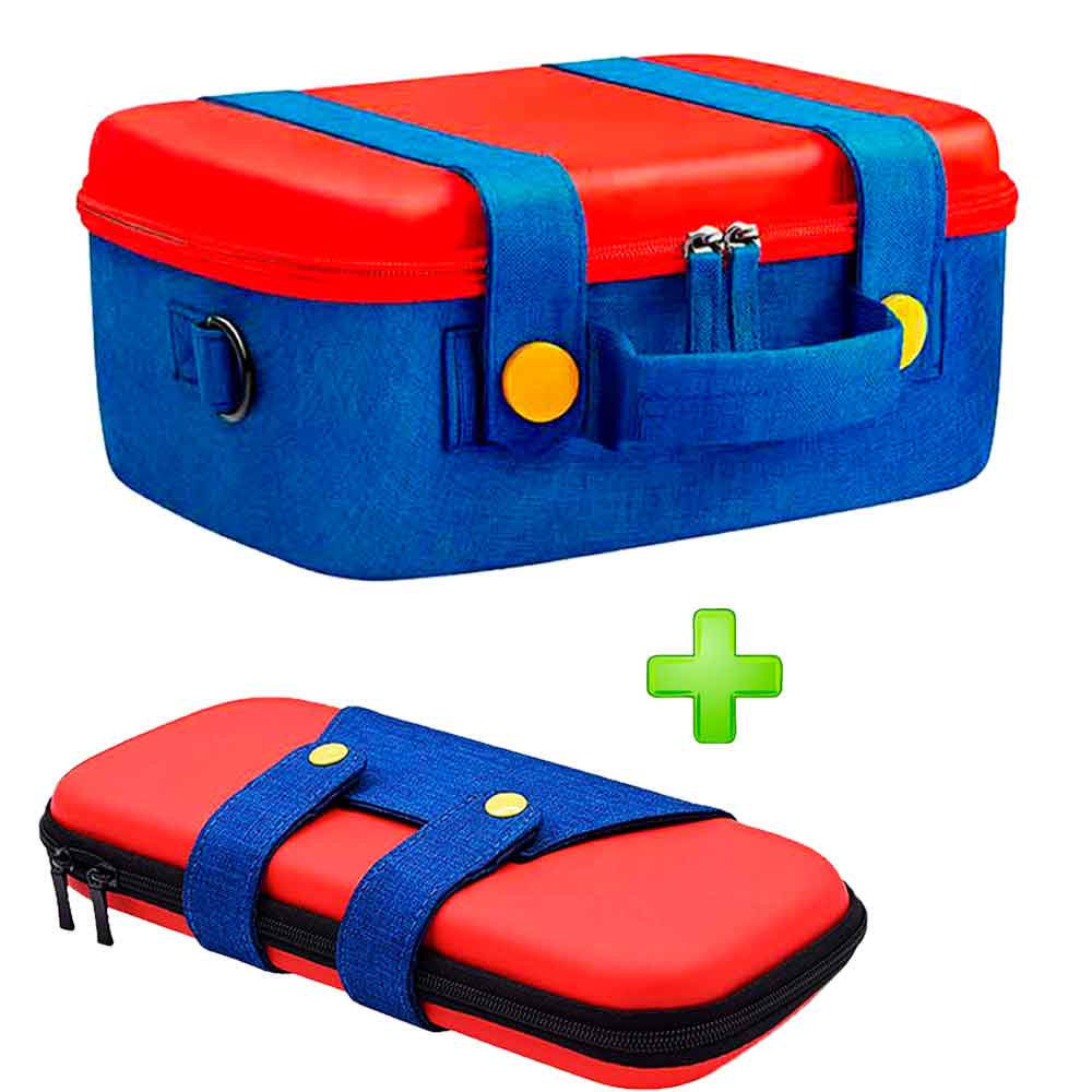 Pack Maleta para Nintendo Switch y Oled Rojo/Azul + Estuche Mario Rojo/Azul