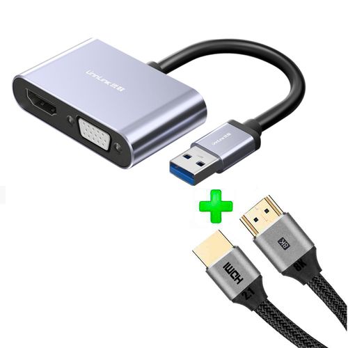 Pack adaptador USB 3.0 a HDMI, VGA + Cable HDMI 2.1, plateado