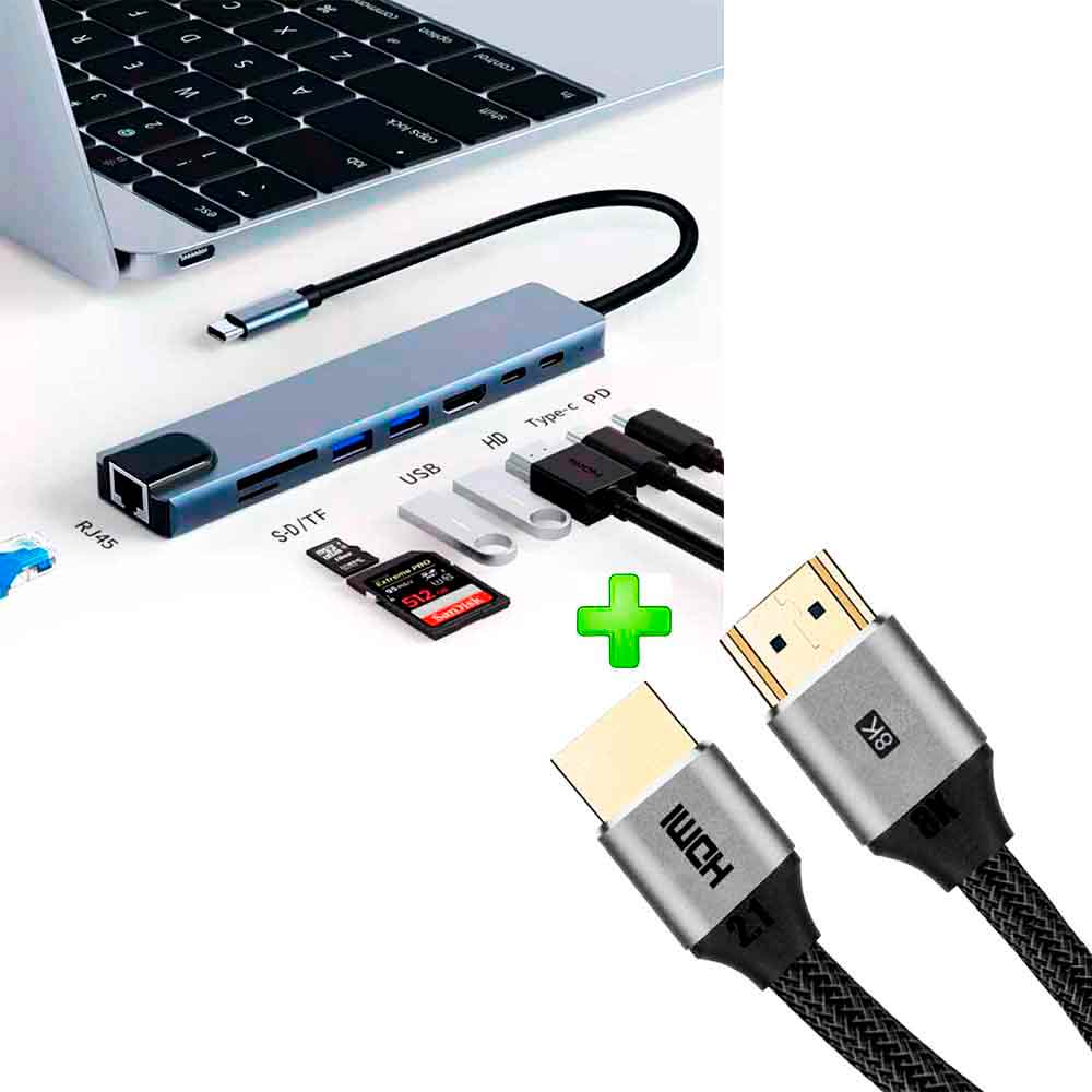 Adaptador Hub 8 en 1, USB C a HDMI 4K, Lan RJ45, 2xUSB 3.0, PD, USB C, SD, TF + Cable HDMI 2.1, plateado