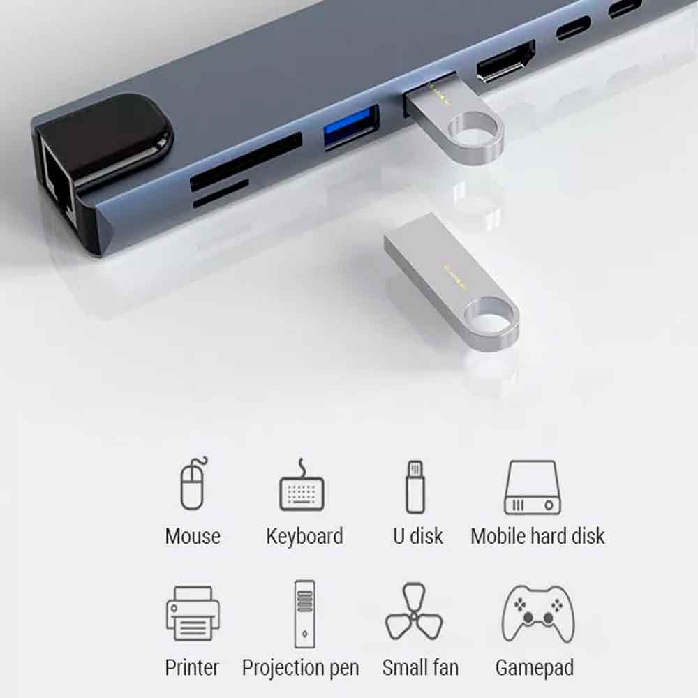 Imagen 2 del producto Hub FlePow USB-C 8 puertos HDMI 4K, RJ45, 2 USB 3.0, USB-C PD, USB-C, SD y TF