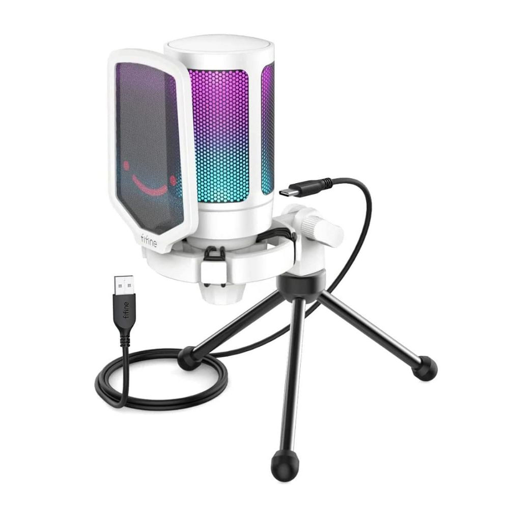Micrófono Fifine Ampligame A6V, RGB, USB Cardioide, blanco