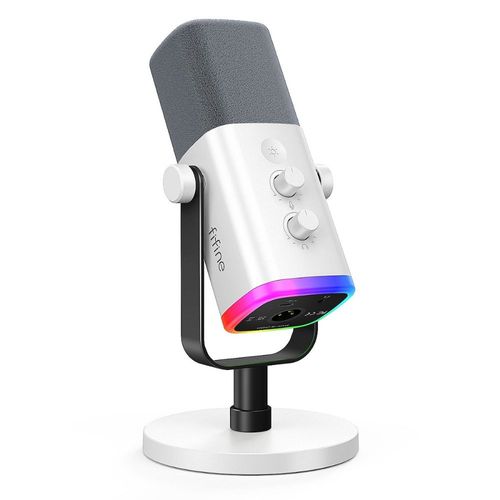 Micrófono Fifine Ampligame AM8, cardiodide, conexión USB-C a XLR, iluminación RGB, blanco