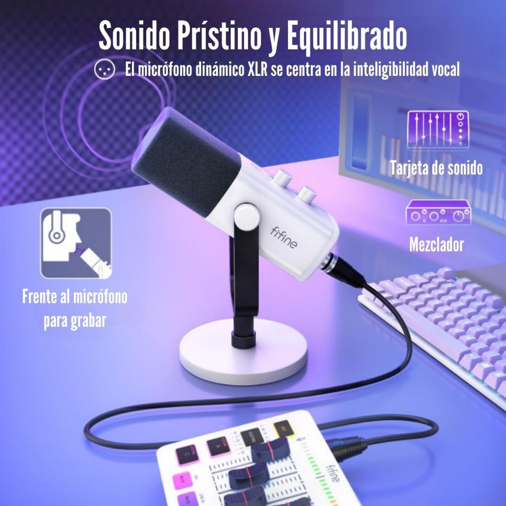 Imagen 2 del producto Micrófono Fifine Ampligame AM8, cardiodide, conexión USB-C a XLR, iluminación RGB, blanco