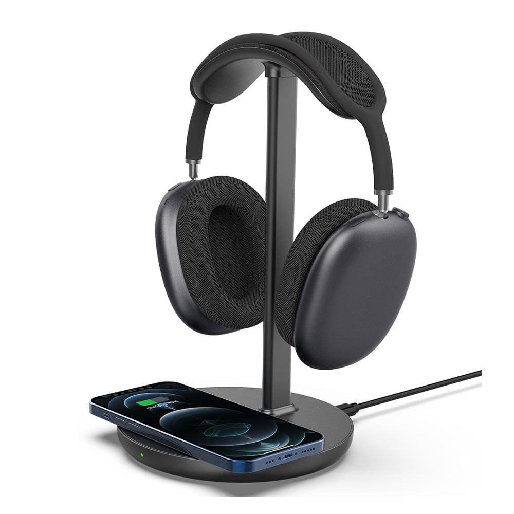 Imagen 1 del producto Cargador inalámbrico iBox 15W, para airpods max, con soporte para auriculares, negro