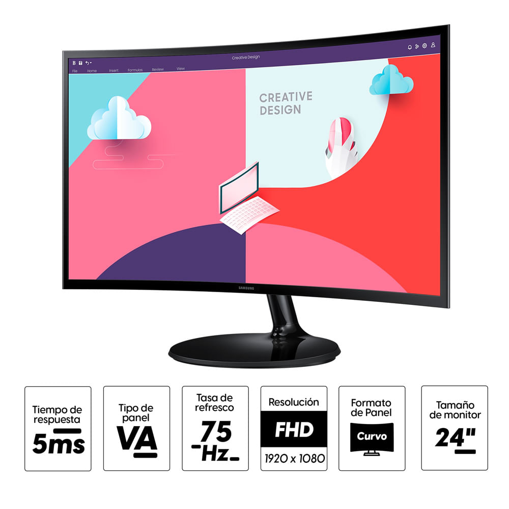 Imagen 2 del producto Monitor curvo 24"" Samsung Essential LS24C360EALXPE LED, Panel VA, FHD(1920x1080), 75Hz, 5ms, entradas HDMI/VGA, AMD FreeSync