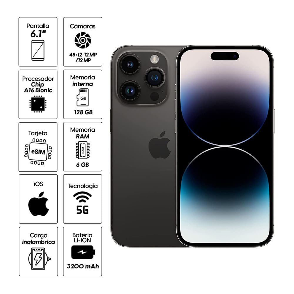 Imagen 2 del producto iPhone 14 Pro 128GB, 6GB RAM, cámara trasera 48MP y frontal 12MP, 6.1"", negro