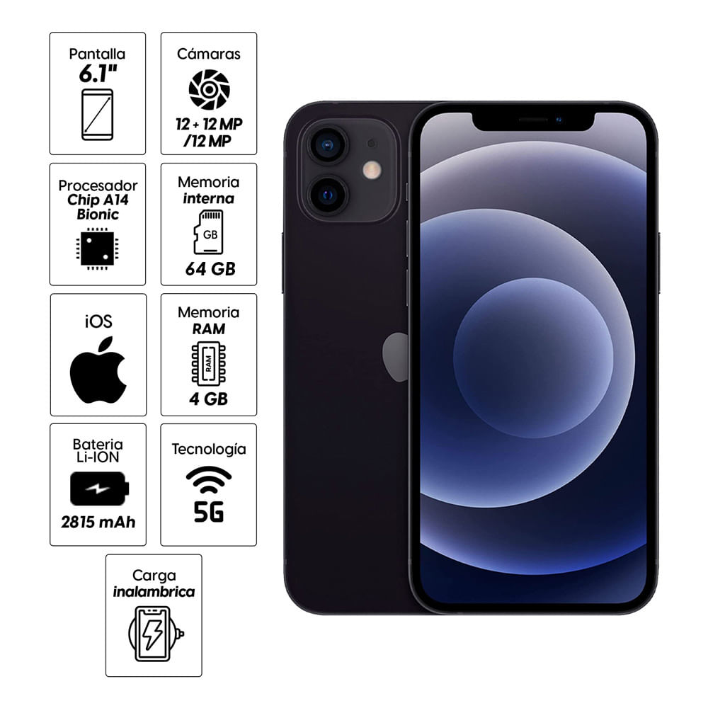 Imagen 2 del producto Acondicionado: iPhone 12 64GB, 4GB, cámara trasera 12MP y frontal 12MP, 6.1"", negro