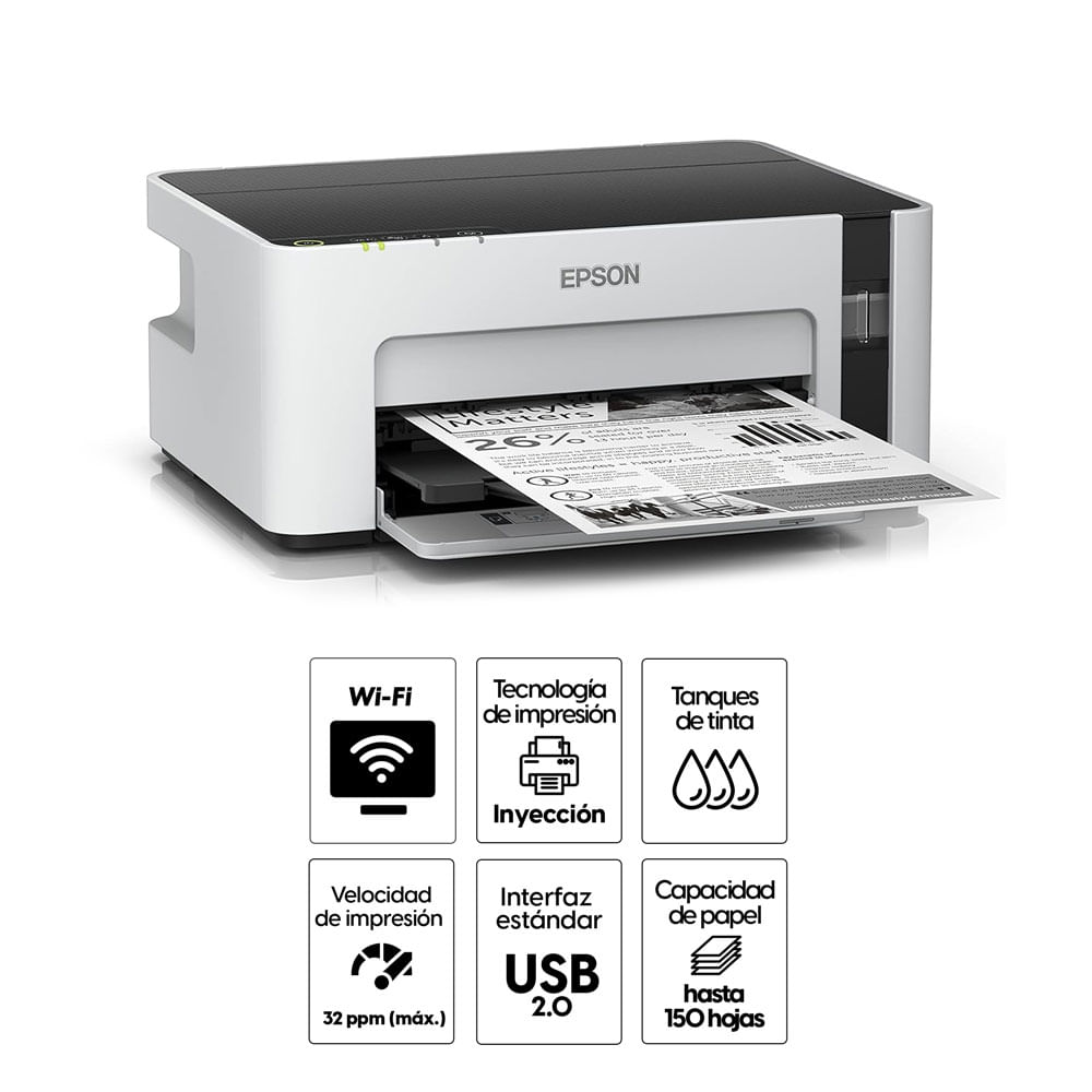 Imagen 2 del producto Impresora monocromática Epson M1120, inyección de tinta, inalámbrica, Wi-Fi, con tanques recargables
