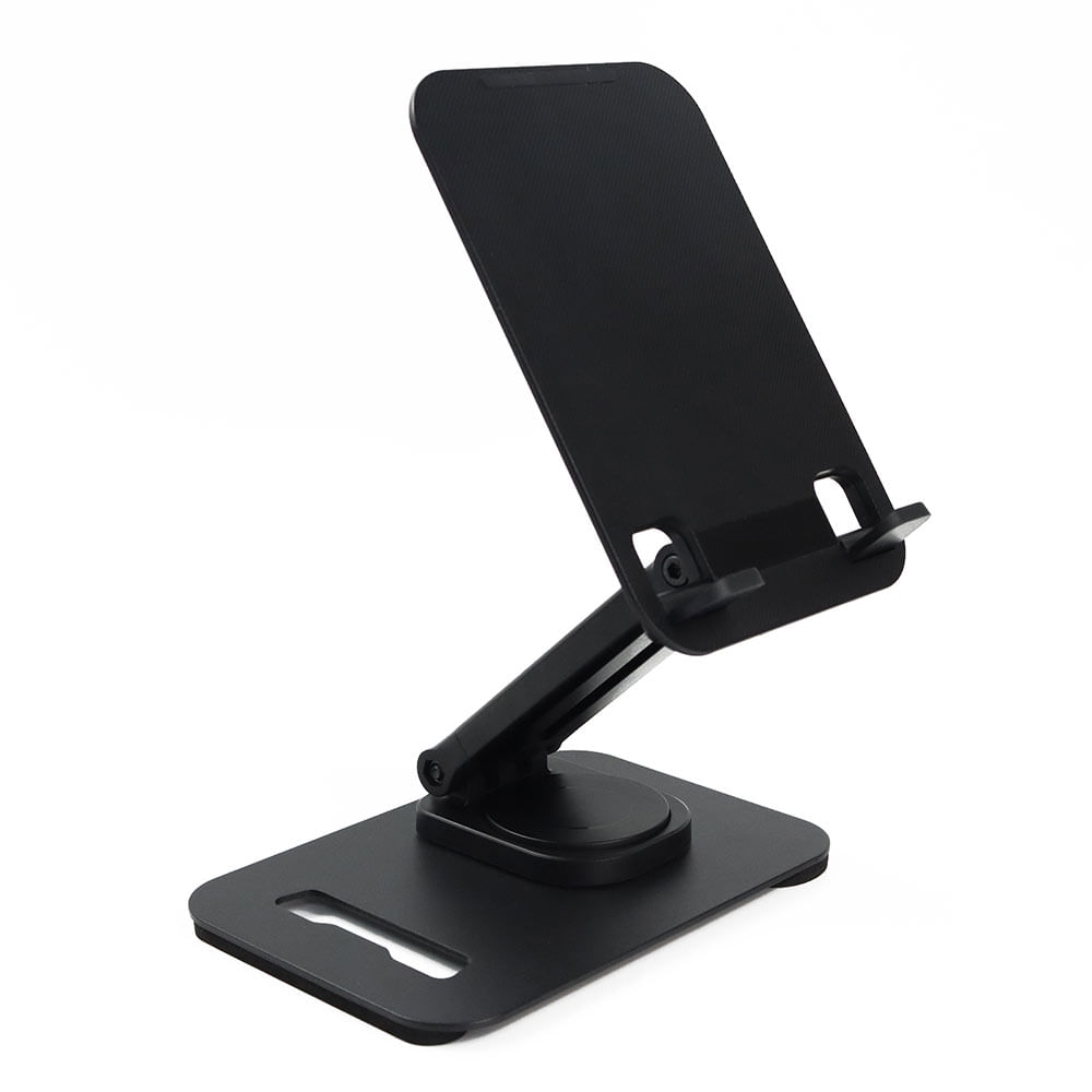 Soporte celular y Tablet 360° de escritorio, aluminio, negro.