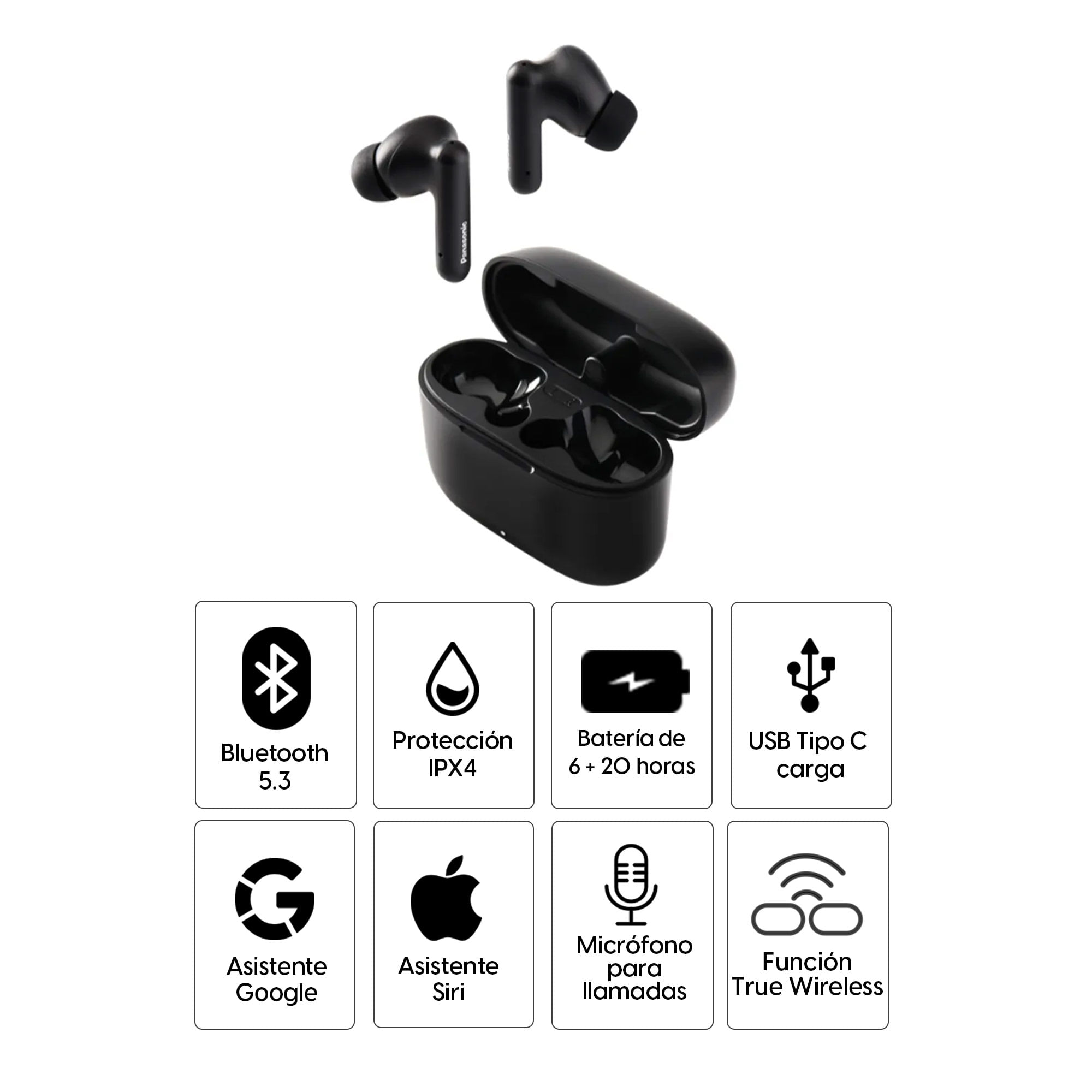 Imagen 2 del producto Audífonos bluetooth True Wireless Panasonic RZ-B110WDE-K resistente al agua IPX4, duración máx. 6 horas, control de música y llamadas, negro