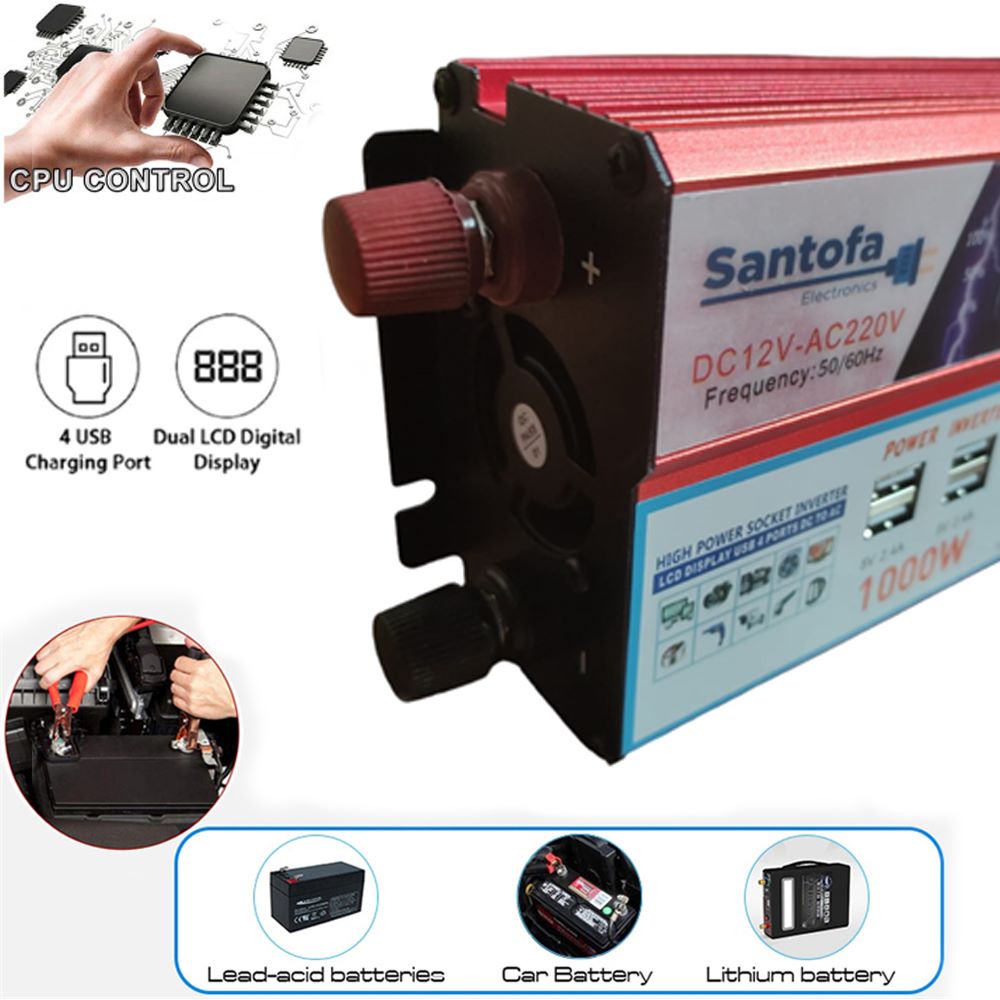 Imagen 2 del producto Inversor de corriente 12v a 220v, 1000W, 4 USB, 3 sockets, pantalla LCD
