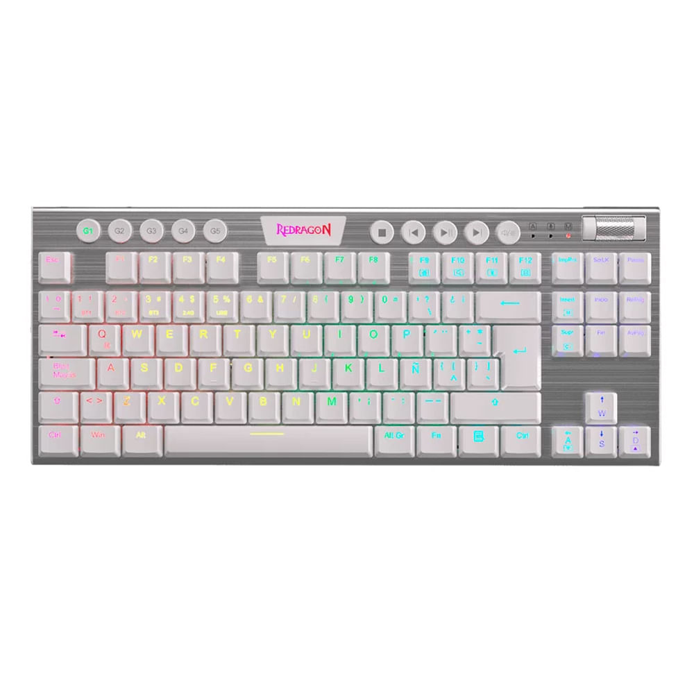 Teclado gamer Redragon Horus K621-RGB TKL Wireless/BT/cable, Switch Rojo, mecánico, layout español, blanco
