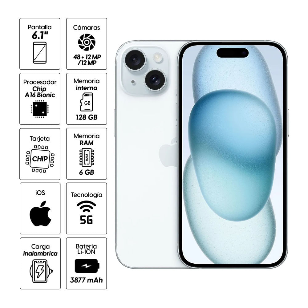 Imagen 2 del producto iPhone 15 c/CHiP 128GB, 6GB RAM, cámara trasera 48MP y frontal 12MP, 6.1"", celeste