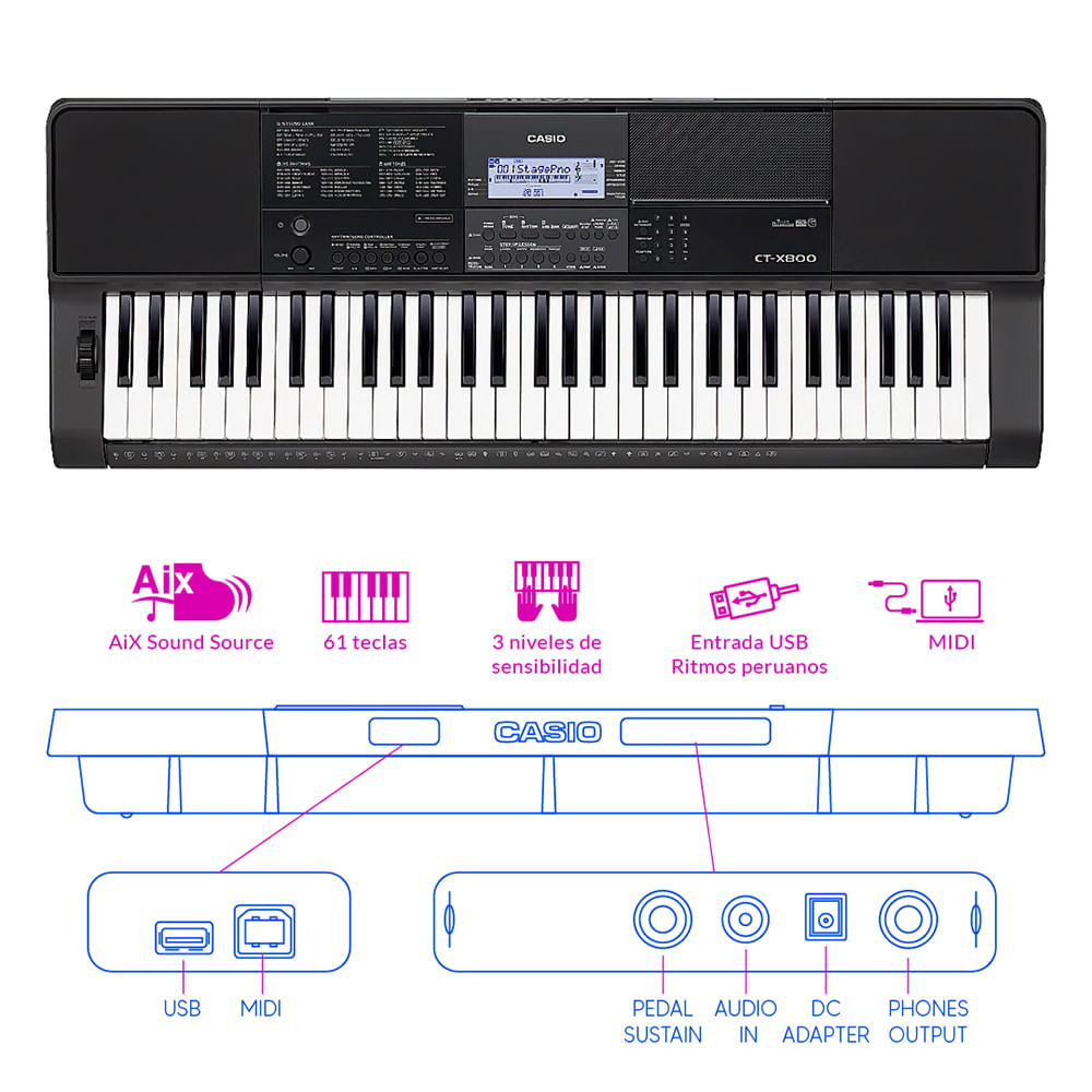 Imagen 2 del producto Órgano electrónico Casio CT-X800, 195 canciones, pantalla LCD, negro + Pack semiprofesional