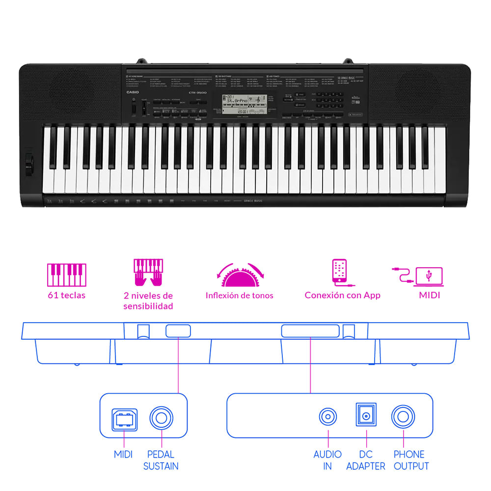 Imagen 2 del producto Teclado Casio CTK-3500 pack con sensibilidad, 61 teclas, funda, soporte X y adaptador, negro