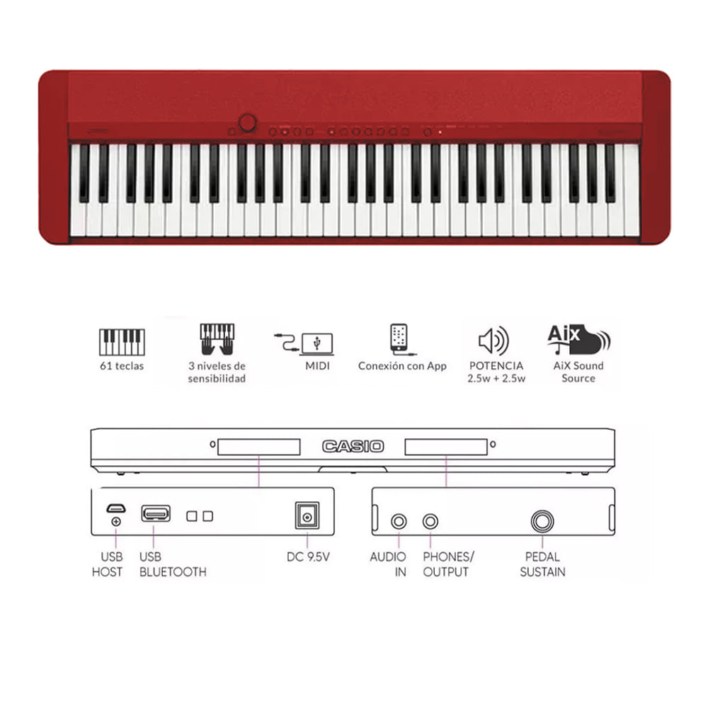 Imagen 2 del producto Teclado musical  Cassio CT-S1 61 teclas, 61 tonos, 64 polifonía, rojo + Soporte X + Funda