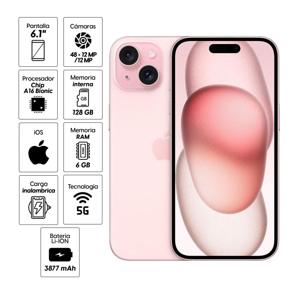 Imagen 2 del producto iPhone 15 128GB, 6GB RAM, cámara trasera 48MP y frontal 12MP, 6.1"", rosado