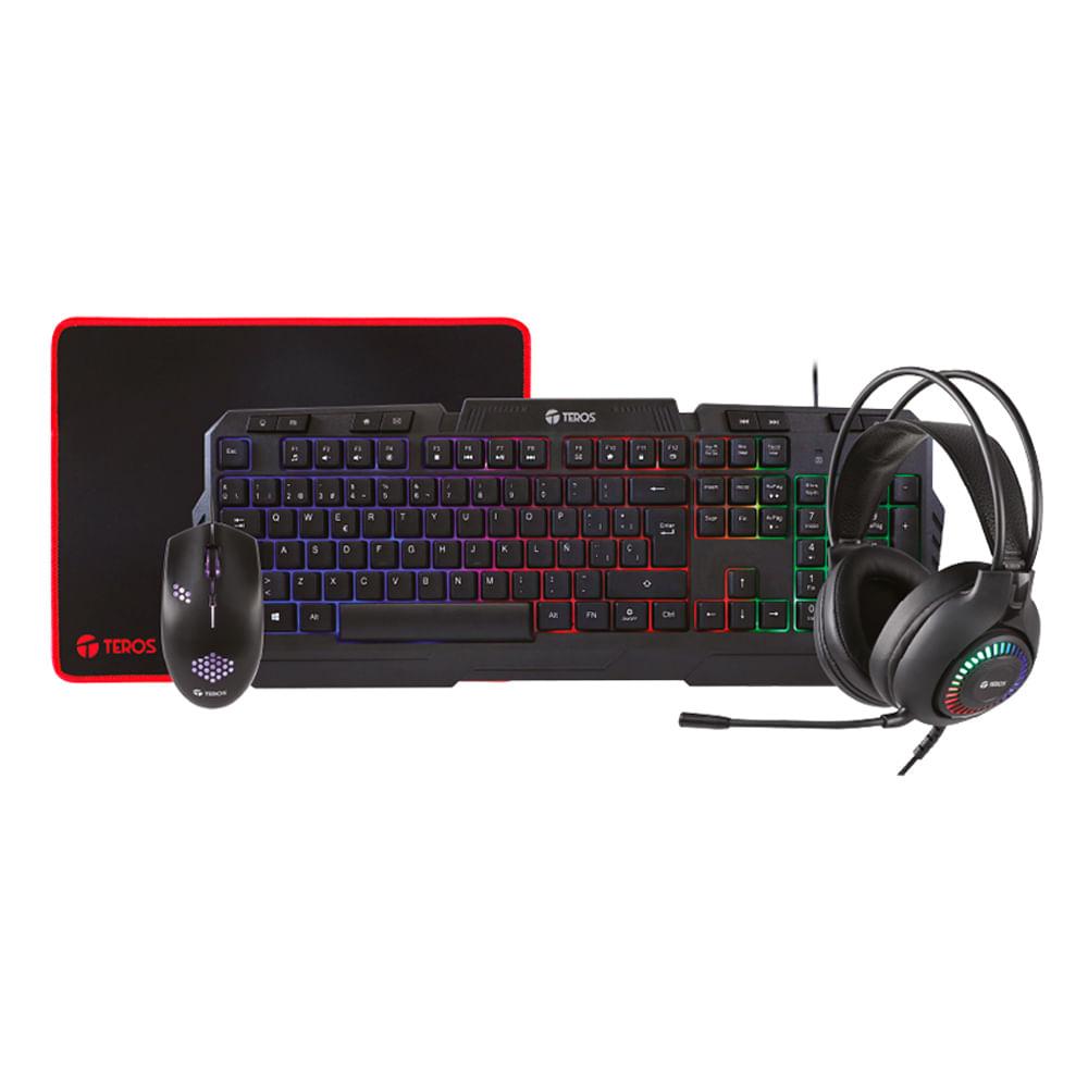 Kit gamer 4 en 1 Teros, teclado + mouse + headset + mouse pad