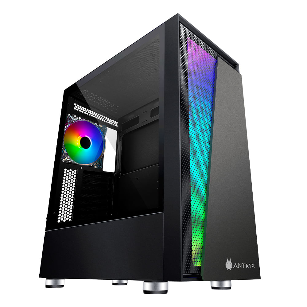 Imagen 1 del producto Gabinete Antryx RX-450, ATX/Full ATX/Micro ATX, ventilador ARGB/cinta LED, Panel lateral vidrio templado, sin fuente, negro