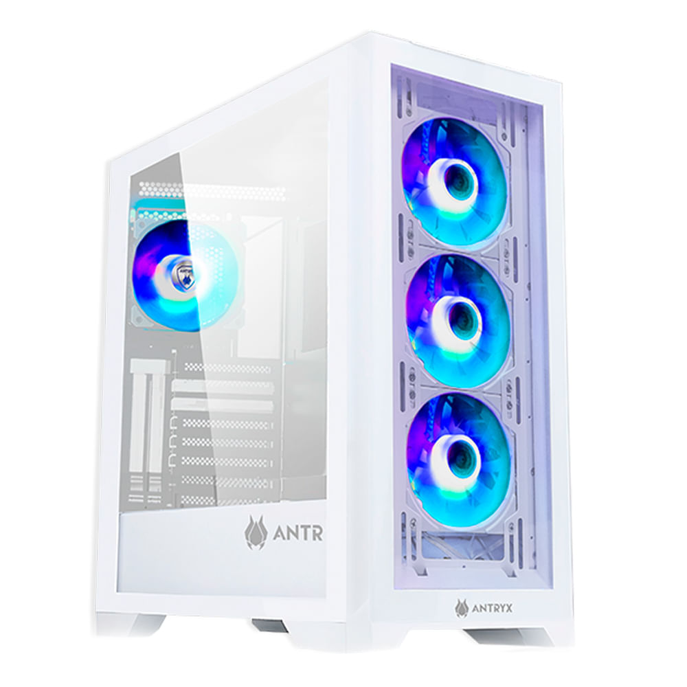 Imagen 1 del producto Gabinete Antryx FX730 ARGB, ATX/M-ATX/ITX, 4 ventiladores, Panel lateral vidrio templado, sin fuente, blanco