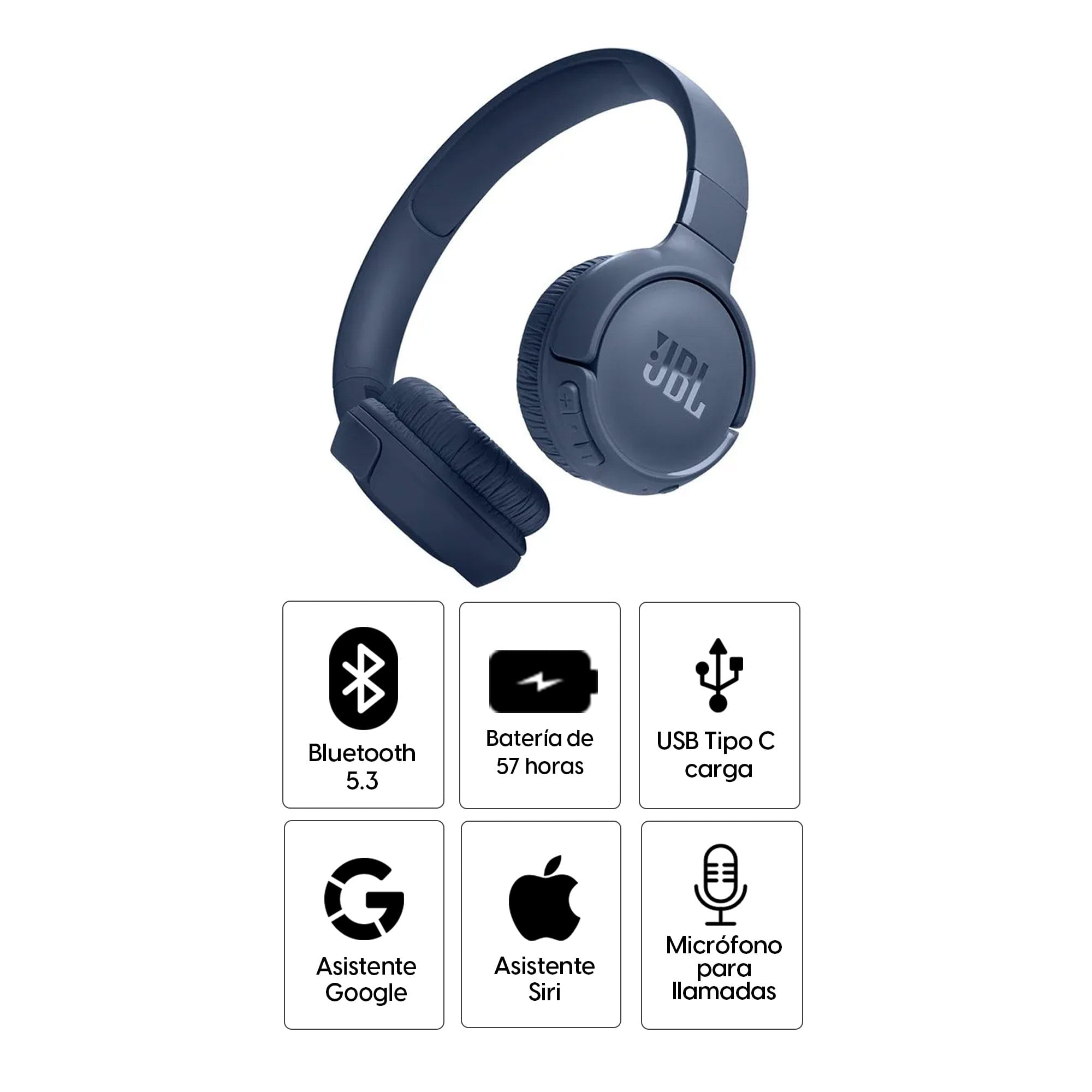 Imagen 2 del producto Audífonos bluetooth on ear JBL T520 Pure Bass almohadillas acolchadas, máx. 57 horas, control de música y llamadas, azul