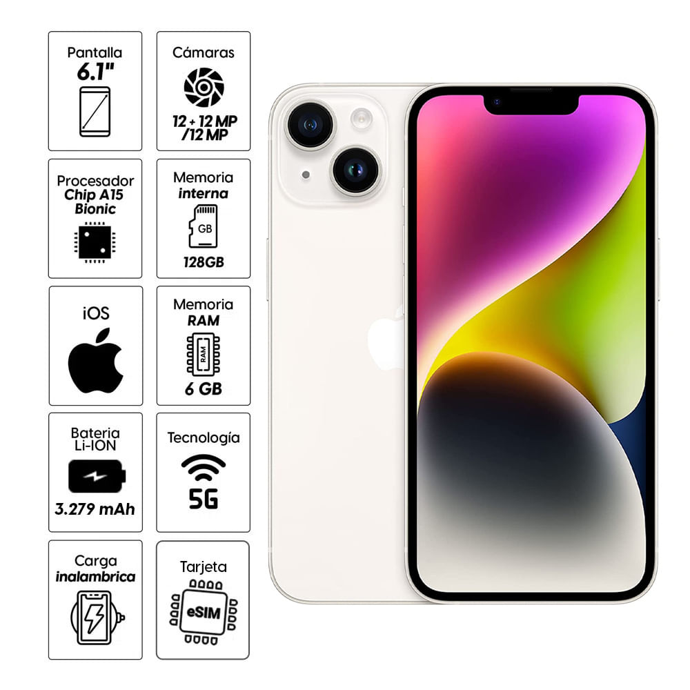 Imagen 2 del producto iPhone 14 128GB, 6GB RAM, cámara trasera 12MP y frontal 12MP, 6.1"", starligth