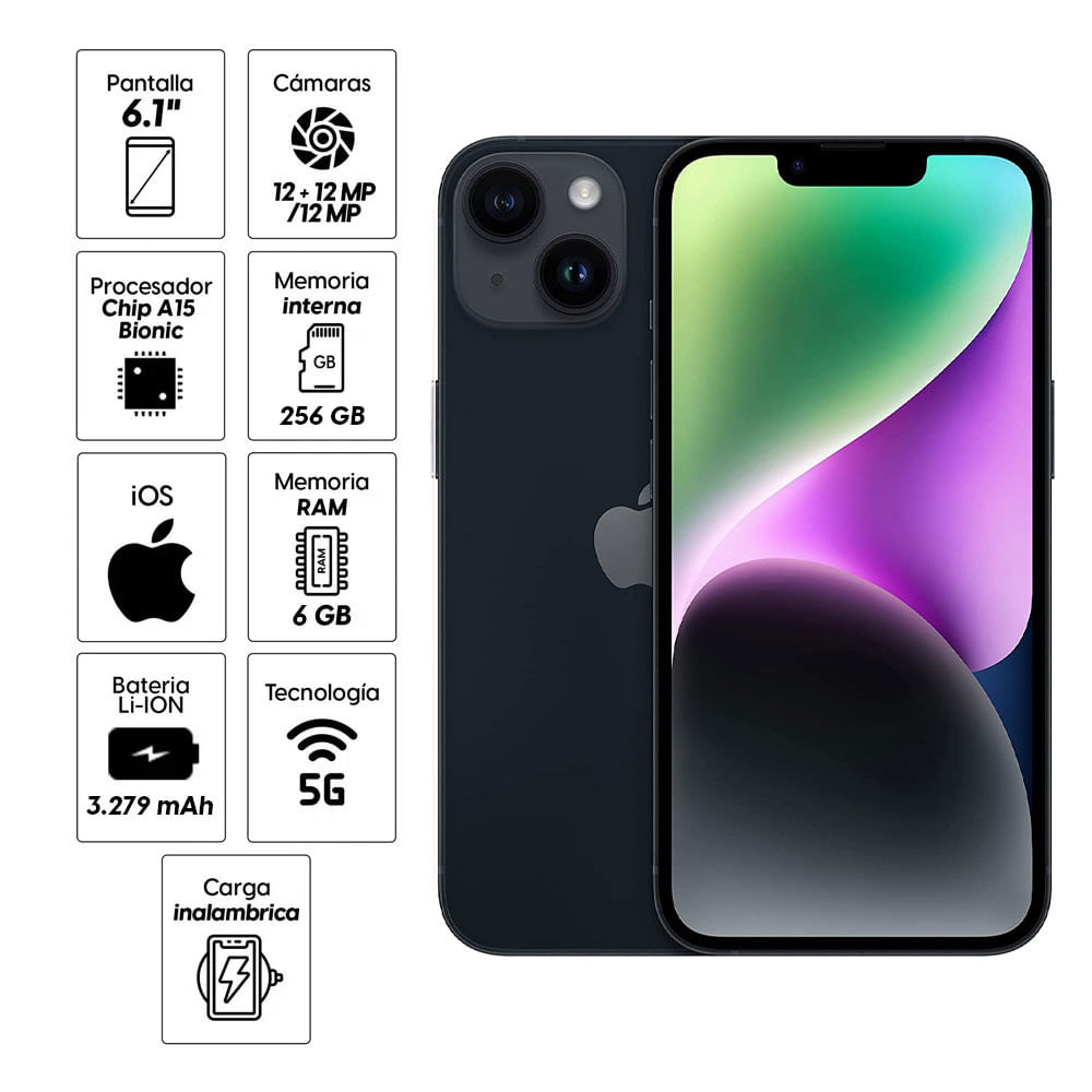 Imagen 2 del producto iPhone 14 256GB, 6GB RAM, cámara trasera 12MP y frontal 12MP, 6.1"", negro