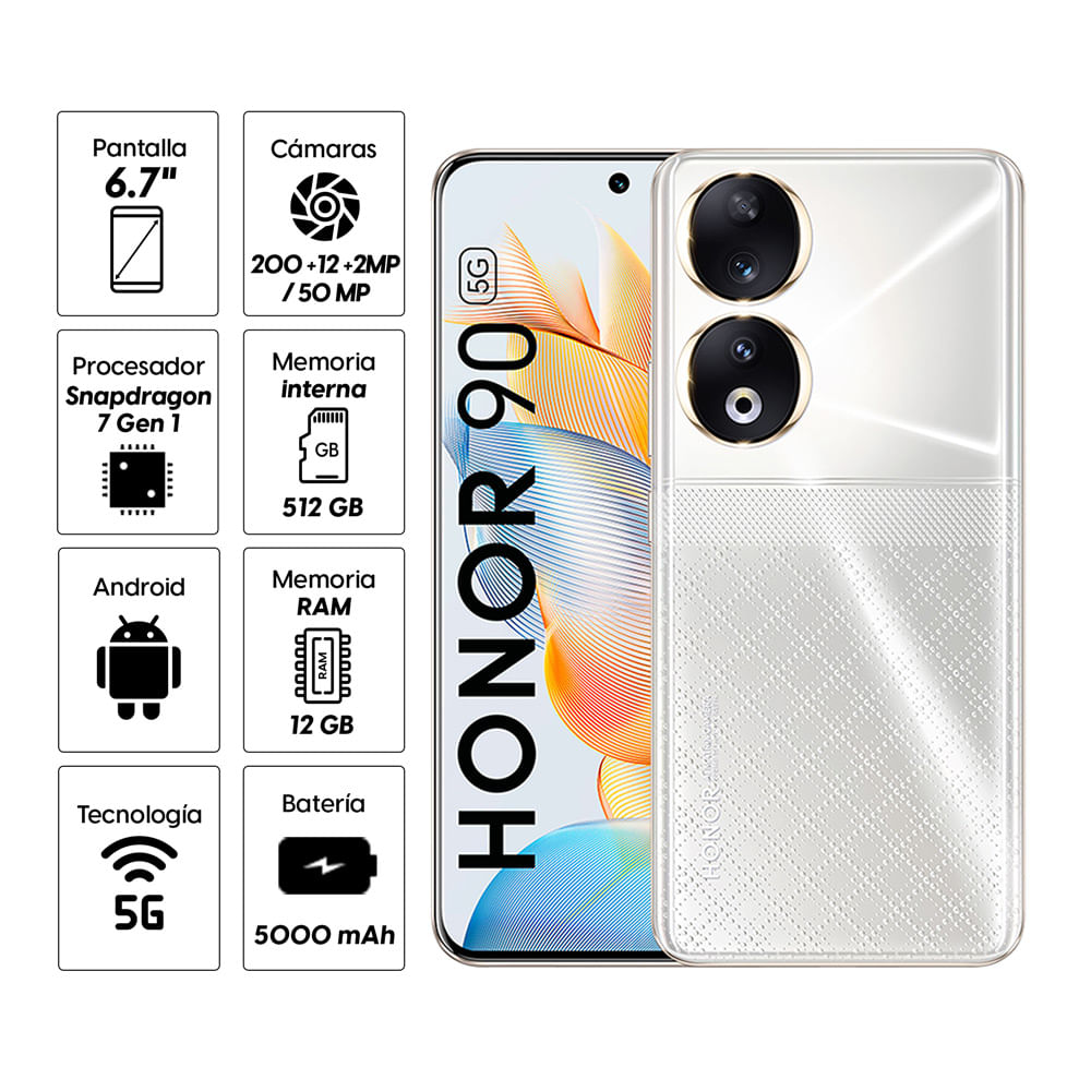 Imagen 2 del producto Celular Honor 90 512GB, 12GB RAM, cámara trasera 200MP y frontal 50MP, 6.7"", plateado