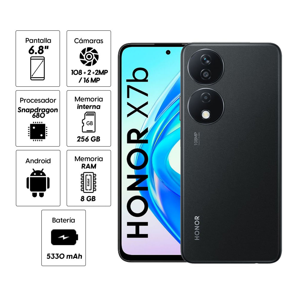 Imagen 2 del producto Celular Honor X7b 4G 256GB, 8GB RAM, cámara trasera 108MP y frontal 8MP, 6.8"", negro + Choice Earbuds X5