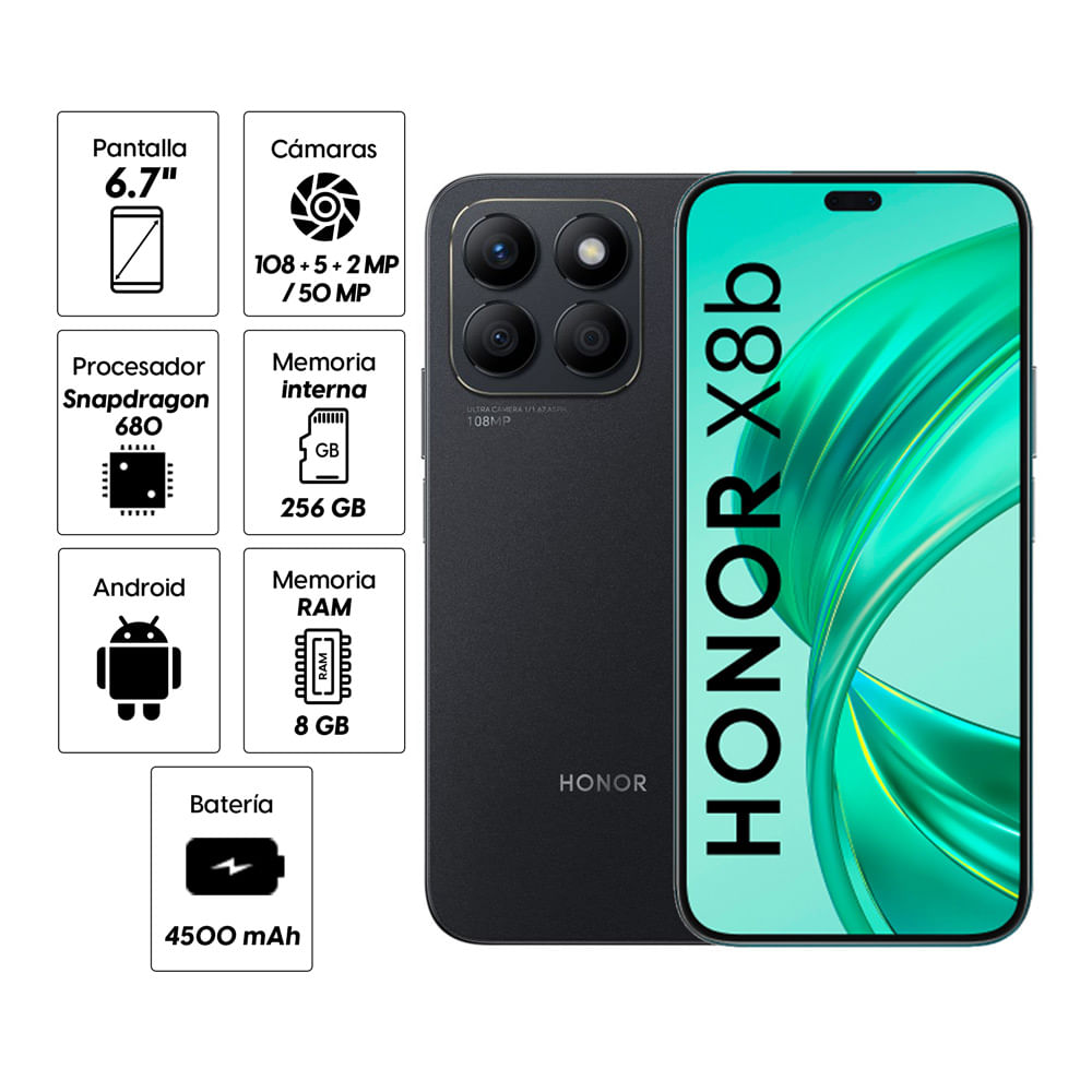 Imagen 2 del producto Celular Honor X8b 4G 256GB, 8GB RAM, cámara trasera 108MP y frontal 50MP, 6.7"", negro + Choice Earbuds X5