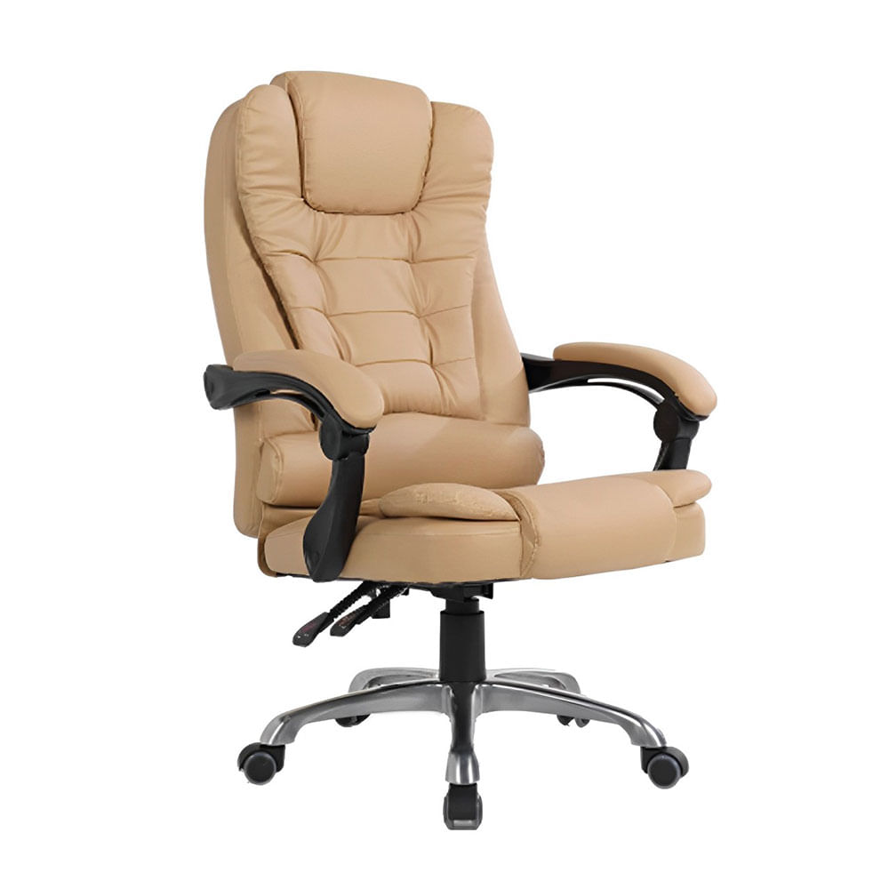 Silla ergonómica Monia, reclinable 170°, 7 vibromasajes, control remoto, base acero, 150 kg máx, PU cuero, beige