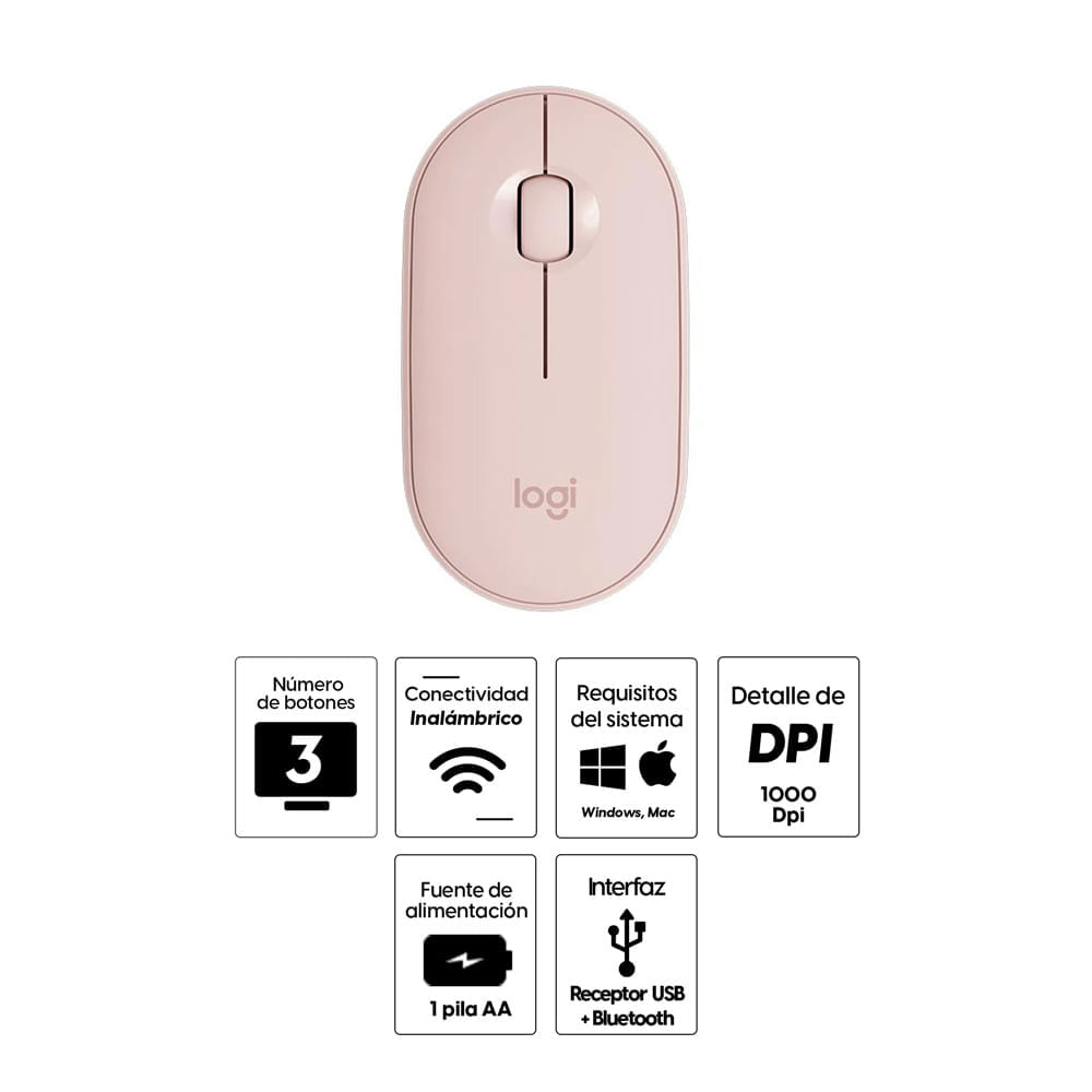Imagen 2 del producto Reacondicionado: Mouse inalámbrico Logitech Pebble M350 bluetooth, 1000 dpi, 3 botones, usa pila, rosado