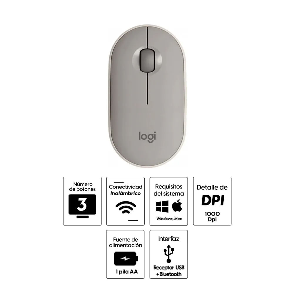 Imagen 2 del producto Reacondicionado: Mouse inalámbrico Logitech Pebble M350 bluetooth, 1000 dpi, 3 botones, usa pila, arena