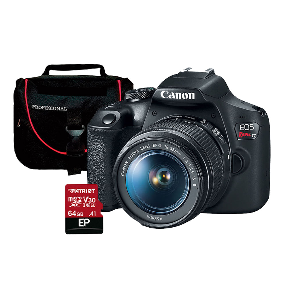 Cámara Canon EOS Rebel T7 DSLR con lente de 18-55mm, Wi-Fi, 24.1 MP, incluye memoria MicroSD 64GB y Maletín protector